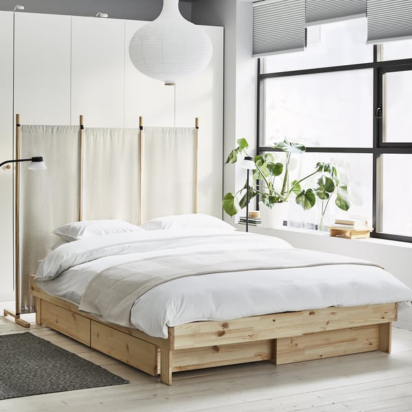 GLAMBERGET bed frame with storage and mattress, pine/Åkrehamn medium firm, 160x200 cm