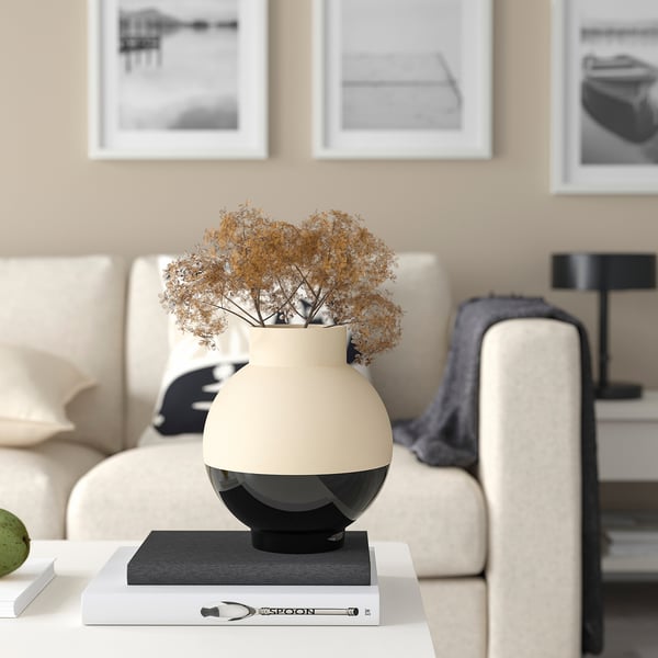 GLANSGRAN vase, beige/black, 23 cm