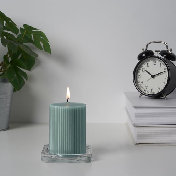 GLASBJÖRK unscented pillar candle, light grey-green, 30 h