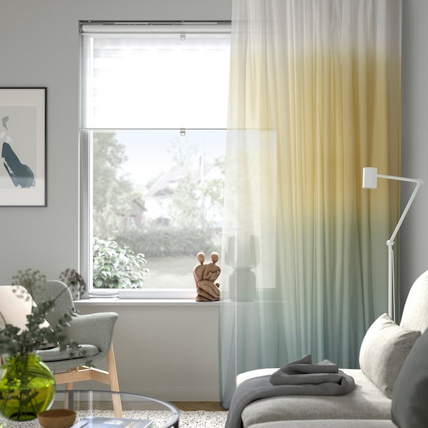 GLASÖRT - sheer curtain, 1 sheet, light yellow/grey-turquoise,300x300 cm