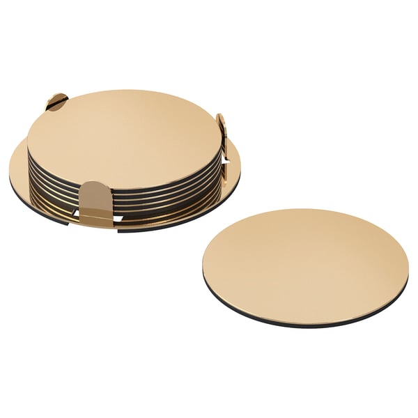GLATTIS coasters with holder, brass-colour, 8.5 cm, 6 pack