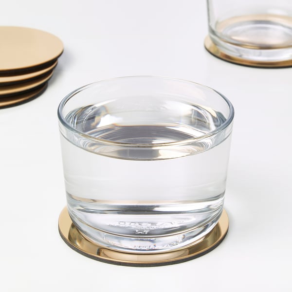GLATTIS coasters with holder, brass-colour, 8.5 cm, 6 pack