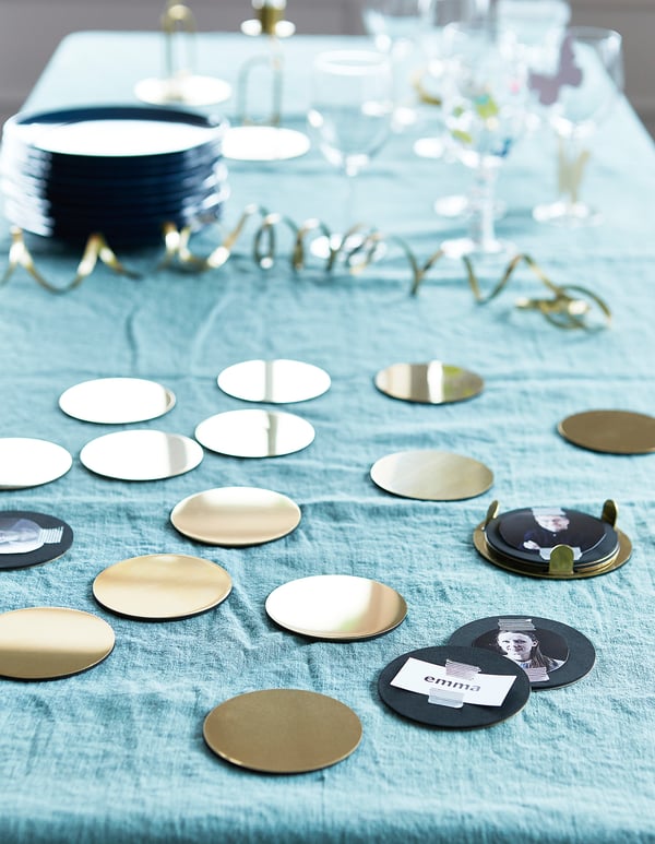 GLATTIS coasters with holder, brass-colour, 8.5 cm, 6 pack