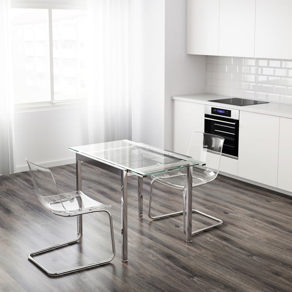 GLIVARP extendable table, transparent/chrome-plated, 115x70 cm