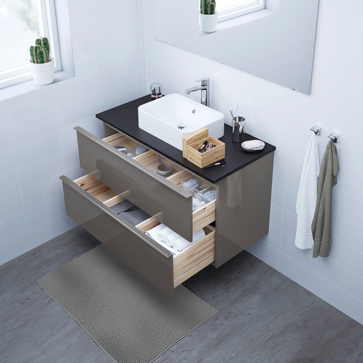 GODMORGON Wash-stand / Sink cabinet with 2 drawers, High gloss grey
