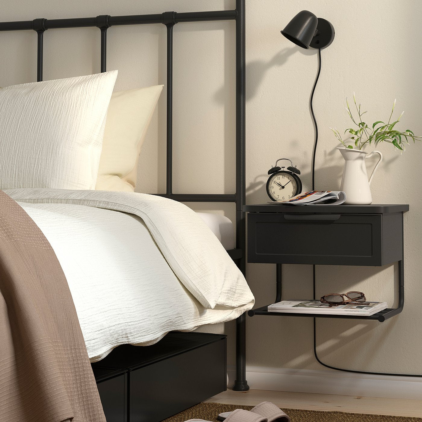 GRÅFJÄLLET wall-mounted bedside table, anthracite, 42x29x31 cm