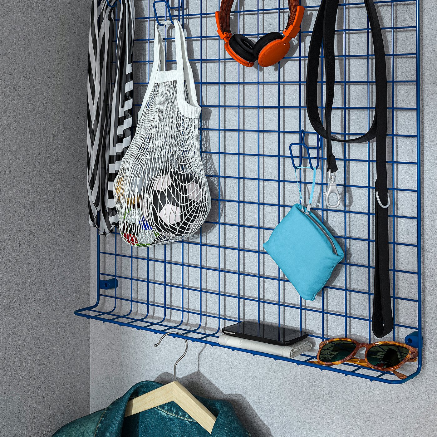 GREJIG wall grid with rail, blue, 58x59 cm
