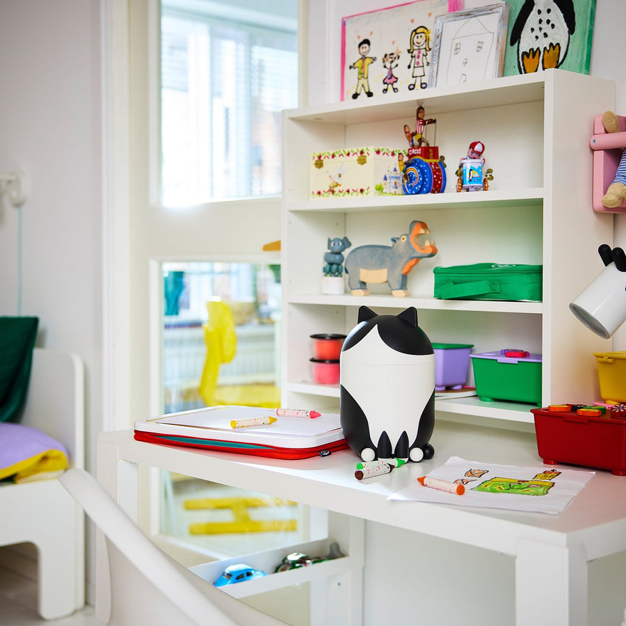 GREJSIMOJS storage with lid, cat-shaped black/white, 15 cm