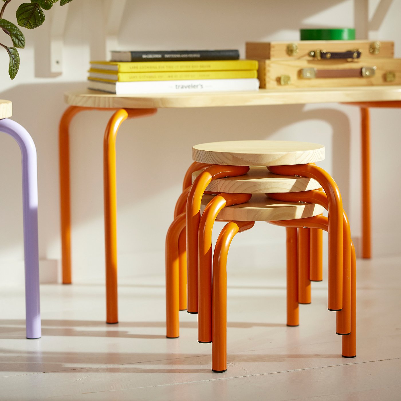 GREJSIMOJS children's stool, wood/orange, 27 cm