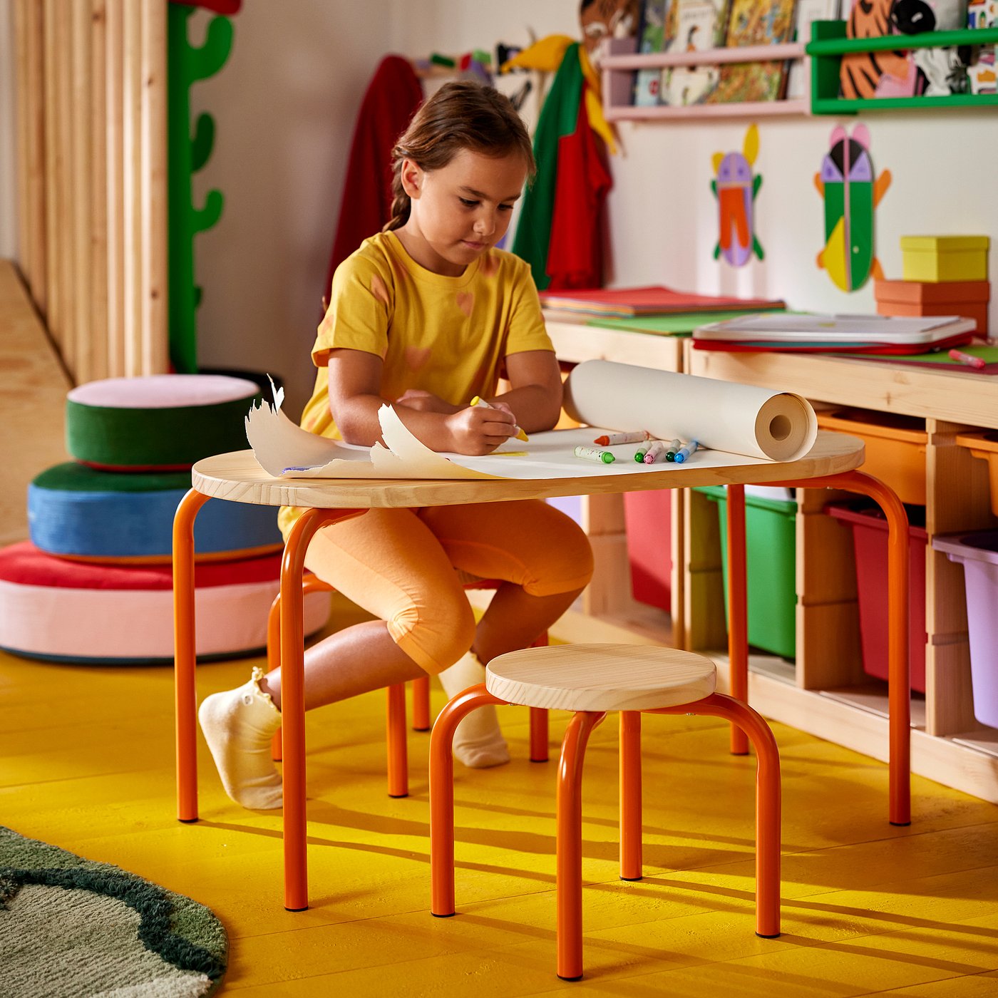 GREJSIMOJS children's table, wood/orange, 84x42 cm
