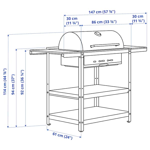 GRILLSKÄR - Charcoal barbecue w 2 side tables, stainless steel/outdoor , 99/123/147x61 cm