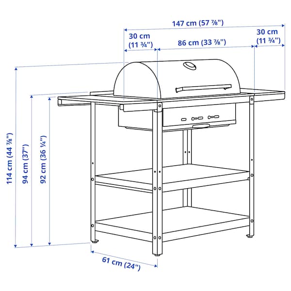 Ikea GRILLSKÄR - Charcoal barbecue w 2 side tables, stainless steel/outdoor , 99/123/147x61 cm