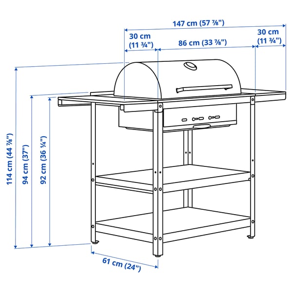 GRILLSKÄR charcoal barbecue w 2 side tables, stainless steel/outdoor, 99/123/147x61 cm