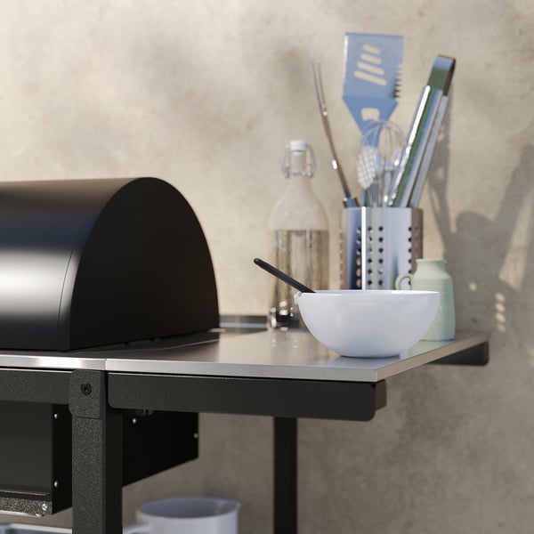 GRILLSKÄR charcoal barbecue w 2 side tables, stainless steel/outdoor, 99/123/147x61 cm
