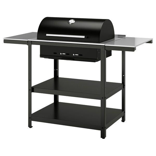 GRILLSKÄR - Charcoal barbecue w 2 side tables, stainless steel/outdoor , 99/123/147x61 cm