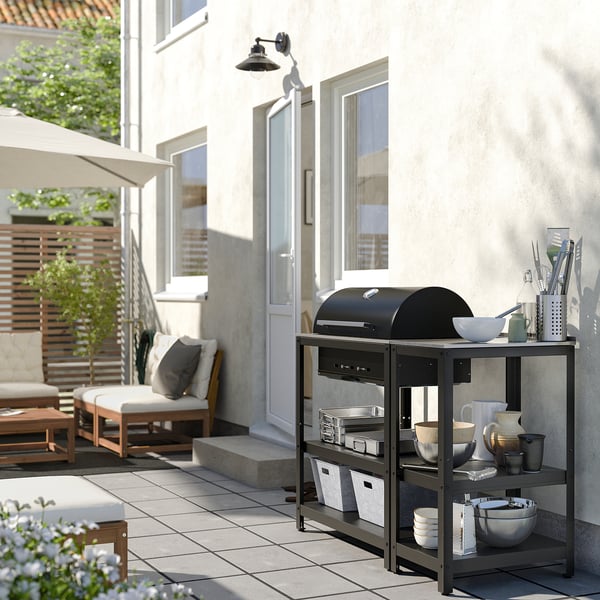 GRILLSKÄR - Charcoal barbecue w kitchen island, stainless steel/outdoor , 125x61 cm