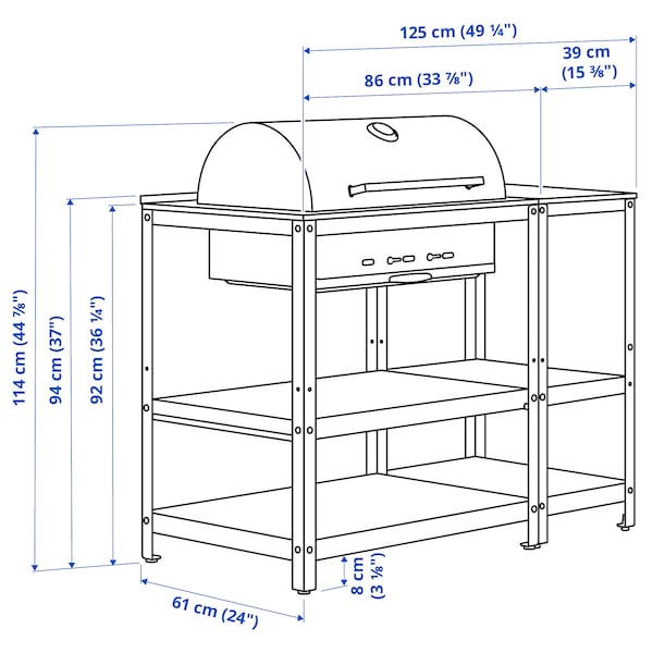 GRILLSKÄR - Charcoal barbecue w kitchen island, stainless steel/outdoor , 125x61 cm