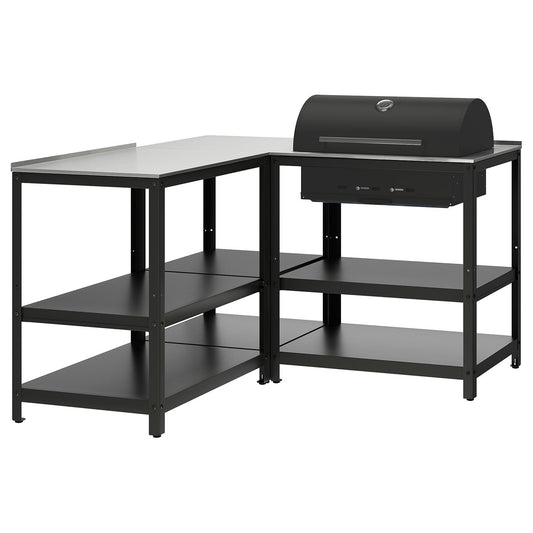 GRILLSKÄR charcoal barbecue w kitchen island, stainless steel/outdoor, 147x147 cm
