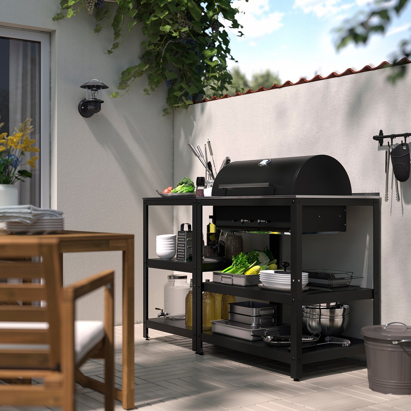 GRILLSKÄR charcoal barbecue w kitchen island, stainless steel/outdoor, 147x61 cm