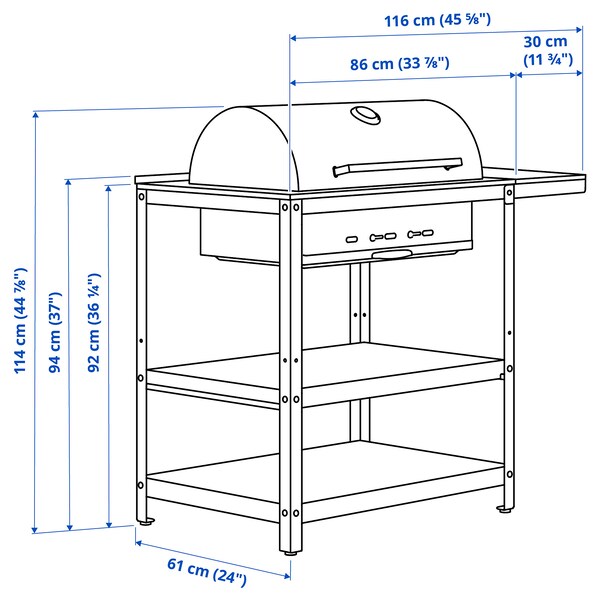 GRILLSKÄR - Charcoal barbecue w side table, stainless steel/outdoor , 93/116x61 cm