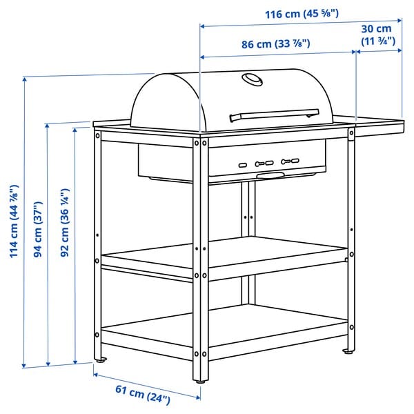 Ikea GRILLSKÄR - Charcoal barbecue w side table, stainless steel/outdoor , 93/116x61 cm