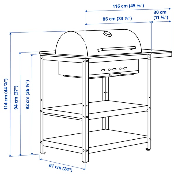 GRILLSKÄR charcoal barbecue w side table, stainless steel/outdoor, 93/116x61 cm