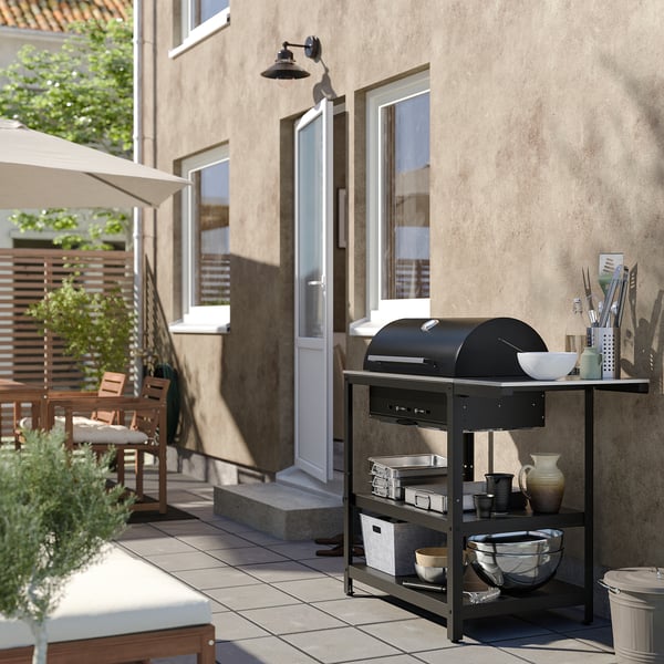 GRILLSKÄR - Charcoal barbecue w side table, stainless steel/outdoor , 93/116x61 cm