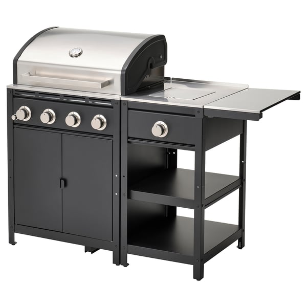 GRILLSKÄR gas barbecue w side burner/table, stainless steel/outdoor, 126/150x61 cm