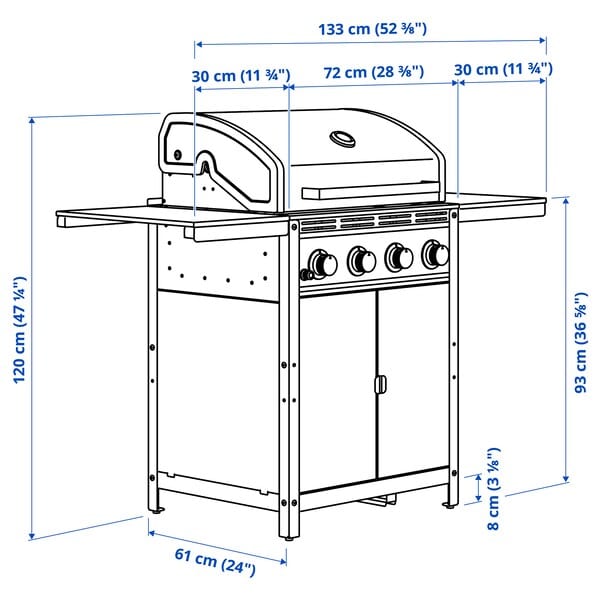 Ikea GRILLSKÄR - Gas barbecue with 2 tables, stainless steel/outdoor, 85/109/133x61 cm ,