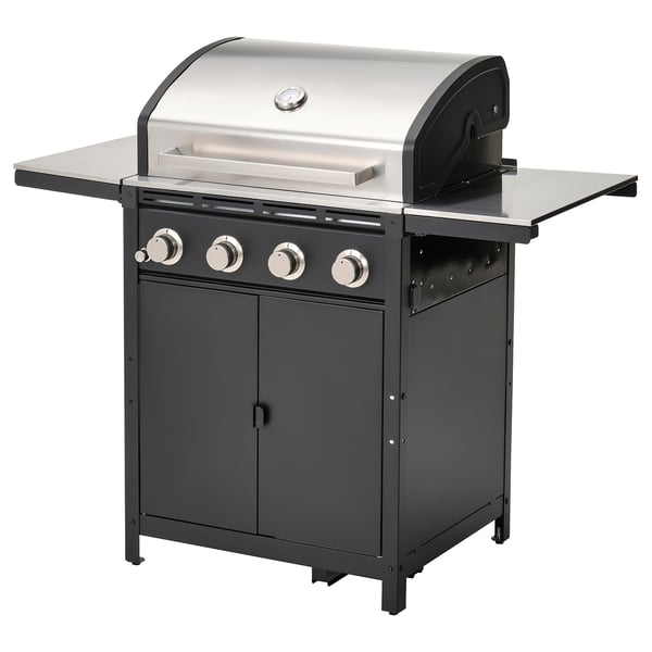 GRILLSKÄR gas barbecue w 2 side tables, stainless steel/outdoor, 85/109/133x61 cm