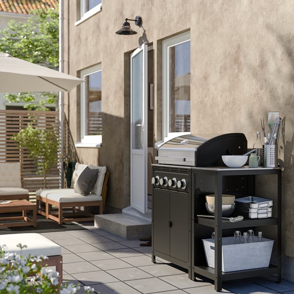 GRILLSKÄR - Gas barbecue with kitchen island, stainless steel/outdoor, 111x61 cm