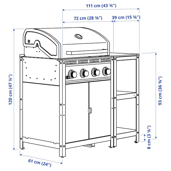 GRILLSKÄR - Gas barbecue with kitchen island, stainless steel/outdoor, 111x61 cm