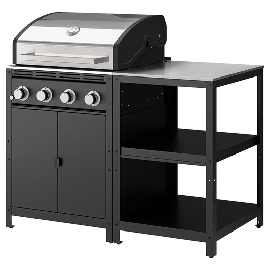 GRILLSKÄR gas barbecue w kitchen island, stainless steel/outdoor, 133x61 cm