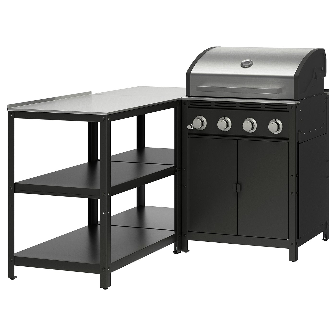 GRILLSKÄR gas barbecue w kitchen island, stainless steel/outdoor, 147x133 cm