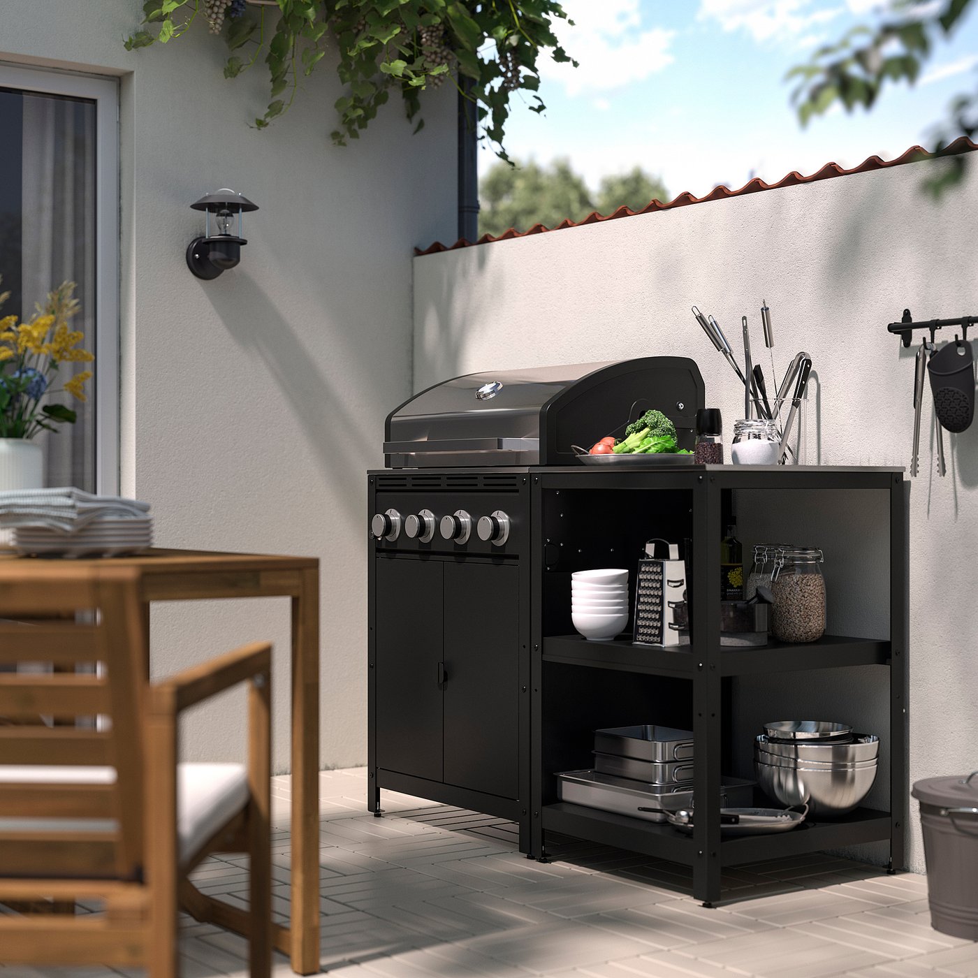 GRILLSKÄR gas barbecue w kitchen island, stainless steel/outdoor, 133x61 cm