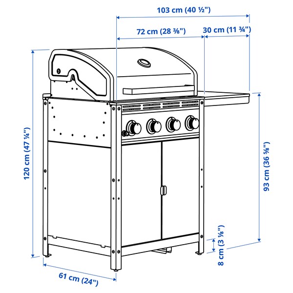 GRILLSKÄR - Gas barbecue with table, stainless steel/outdoor, 79/103x61 cm