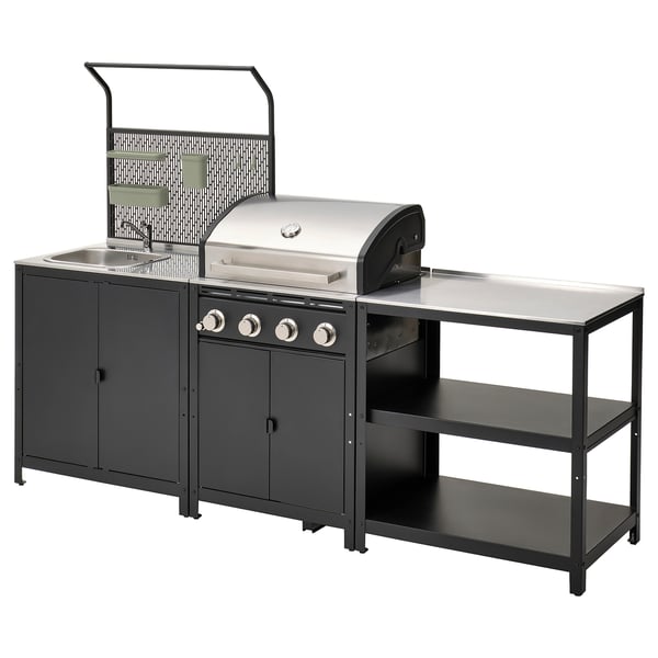 GRILLSKÄR outdoor kitchen w gas barbecue, stainless steel, 244x61x176 cm