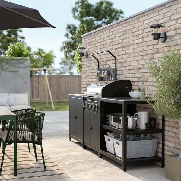 GRILLSKÄR outdoor kitchen w gas barbecue, stainless steel, 244x61x176 cm