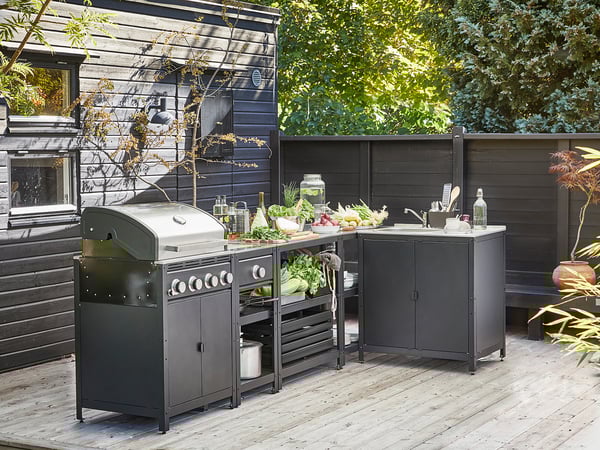 GRILLSKÄR outdoor kitchen, gas barbecue/side burner/stainless steel, 292x147 cm