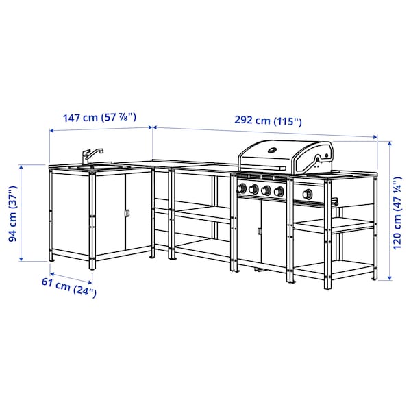 GRILLSKÄR - Outdoor kitchen, gas barbecue/side burner/inox, 292x147 cm