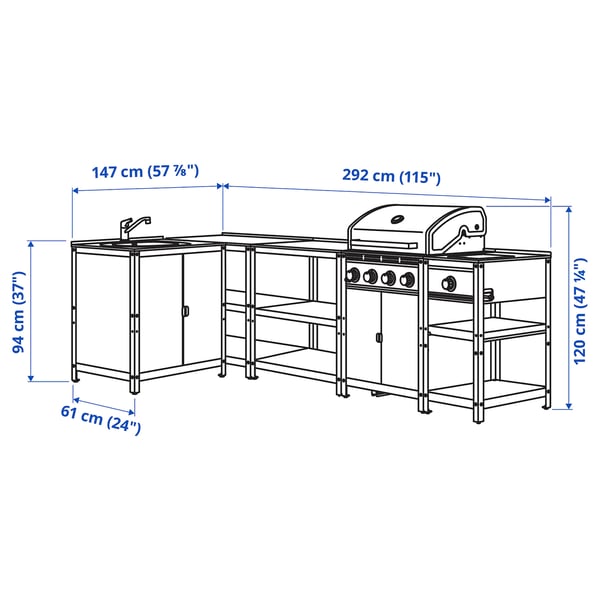 GRILLSKÄR outdoor kitchen, gas barbecue/side burner/stainless steel, 292x147 cm