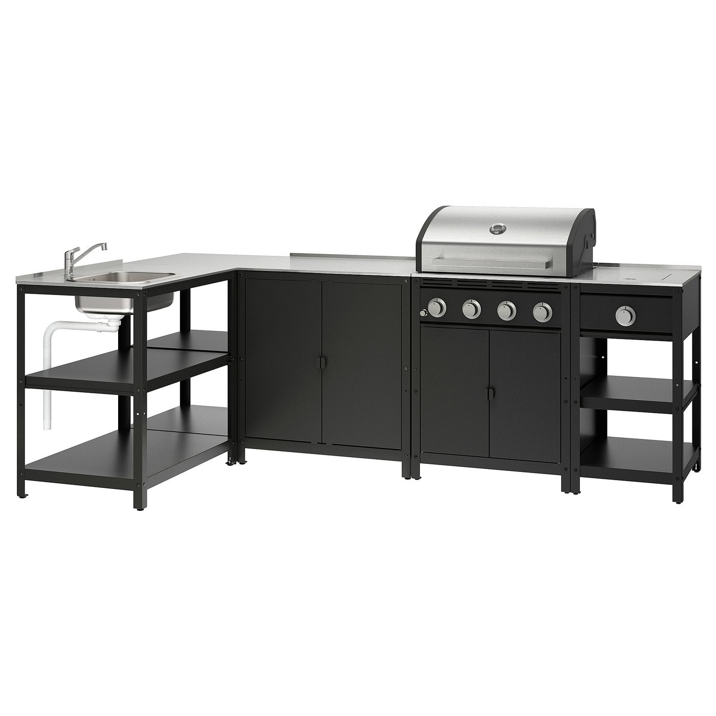 GRILLSKÄR outdoor kitchen, gas barbecue/side burner/stainless steel, 268x147 cm