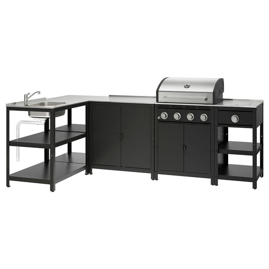 GRILLSKÄR outdoor kitchen, gas barbecue/side burner/stainless steel, 268x147 cm