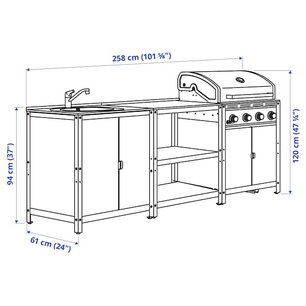 GRILLSKÄR - Outdoor kitchen, stainless steel, 244x61 cm