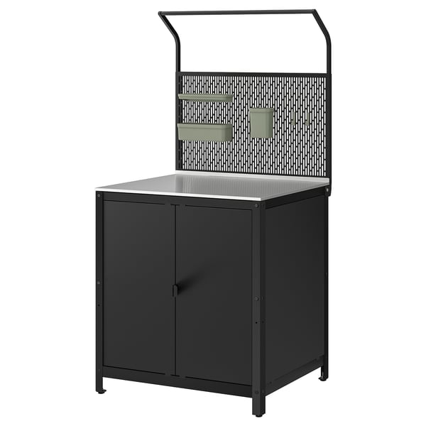GRILLSKÄR kitchen island w back panel, with doors stainless steel/outdoor, 86x61x176 cm