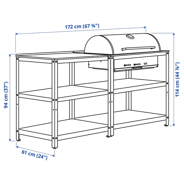 GRILLSKÄR kitchen with charcoal bbq, outdoor, stainless steel, 172x61 cm