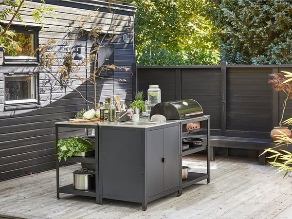 GRILLSKÄR - Sink/barbecue cabinet carbon est, stainless steel, 344x61 cm