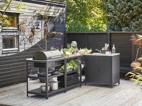 GRILLSKÄR - Sink/barbecue cabinet carbon est, stainless steel, 258x147 cm