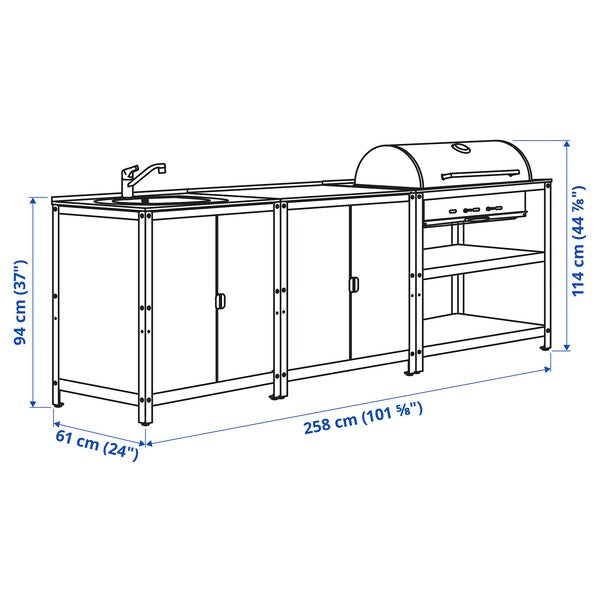 GRILLSKÄR - Sink/barbecue cabinet carbon est, stainless steel, 258x61 cm