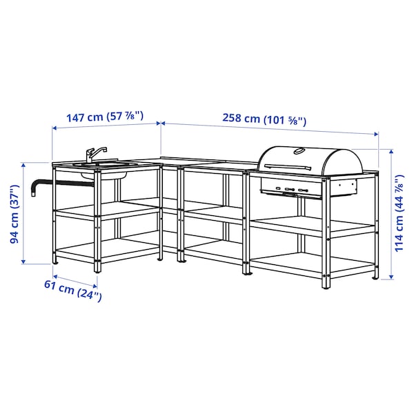 GRILLSKÄR - Sink/barbecue cabinet carbon est, stainless steel, 258x147 cm